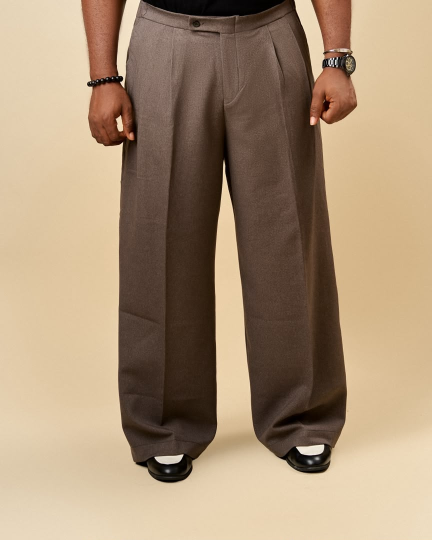 Close detail of the cocoa wide-leg trouser